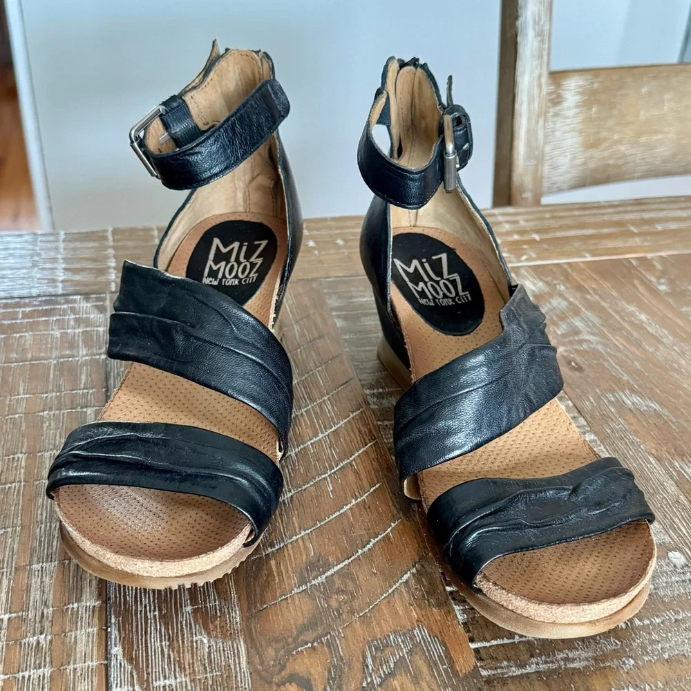 Miz Mooz Black Leather Wedge Sandals